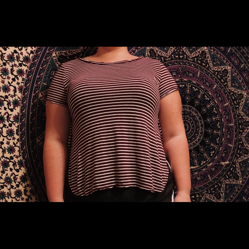 maroon and white striped blouse